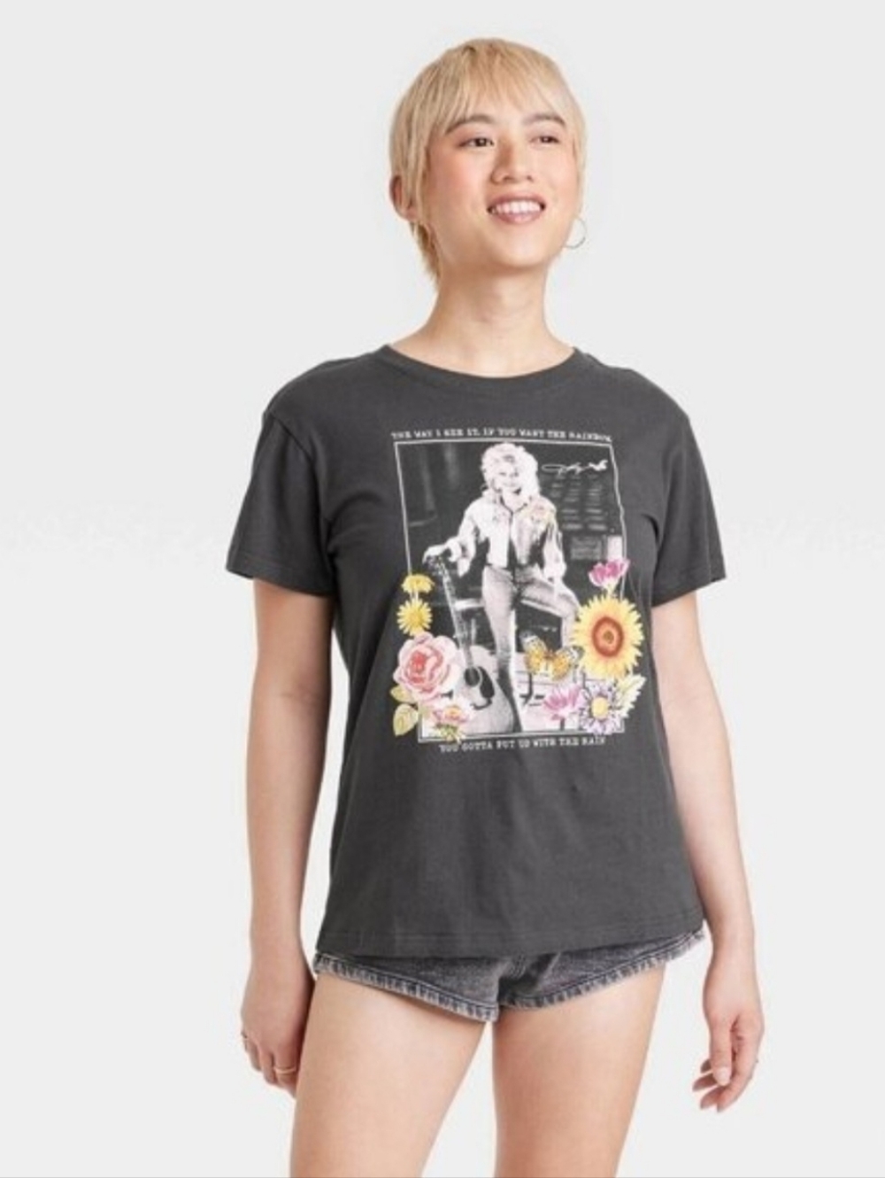 Dolly Parton Women's Floral Short Sleeve Graphic Black T-Shirt (Medium)